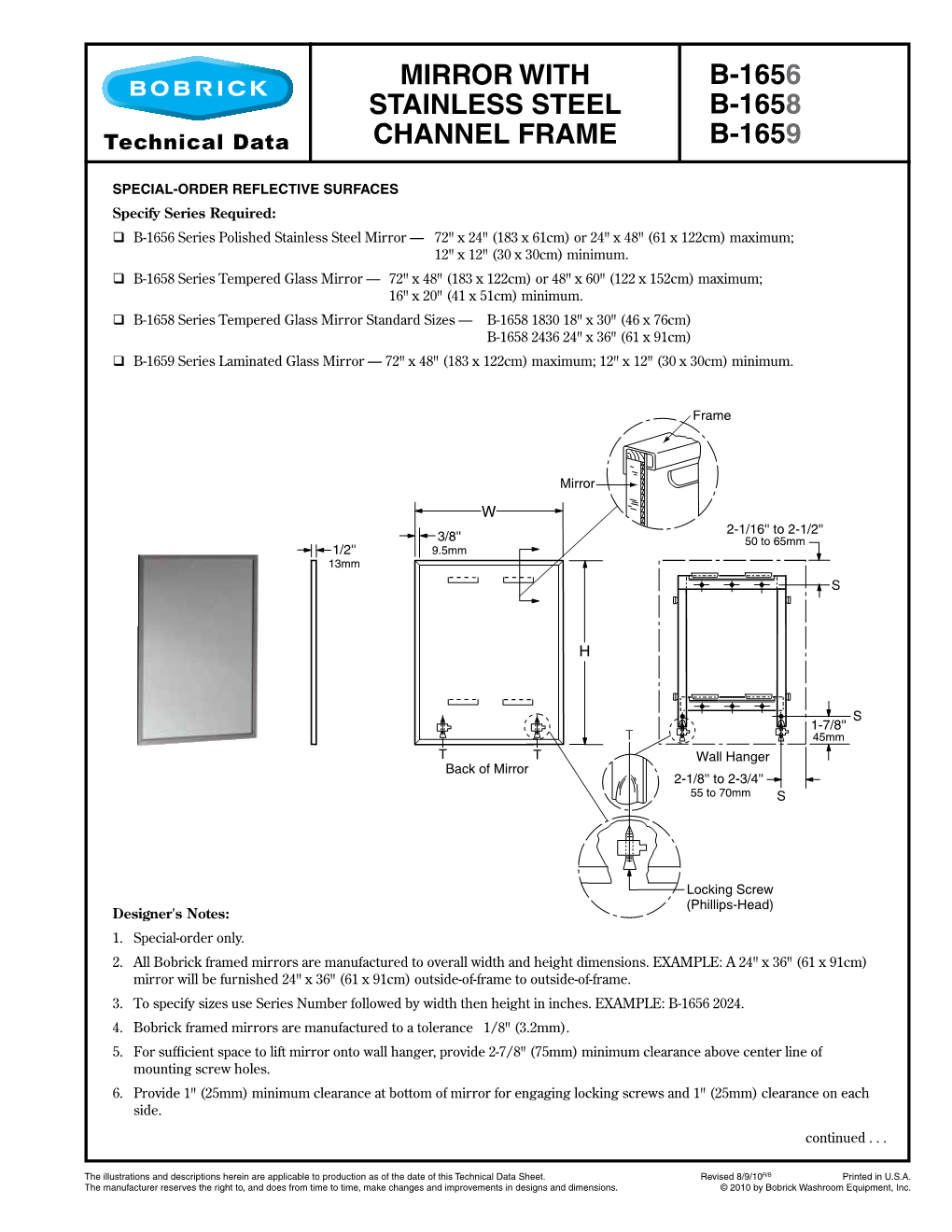 Mirror with Stainless Steel Channel Frame B-1656 B-1658