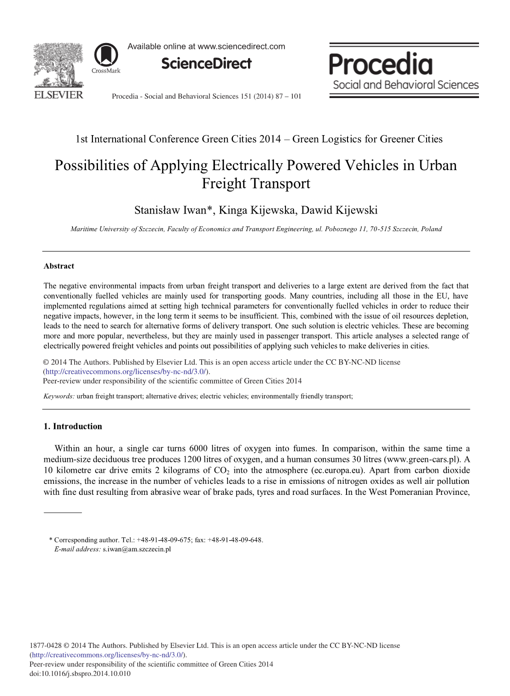 Possibilities of Applying Electrically Powered Vehicles in Urban Freight Transport