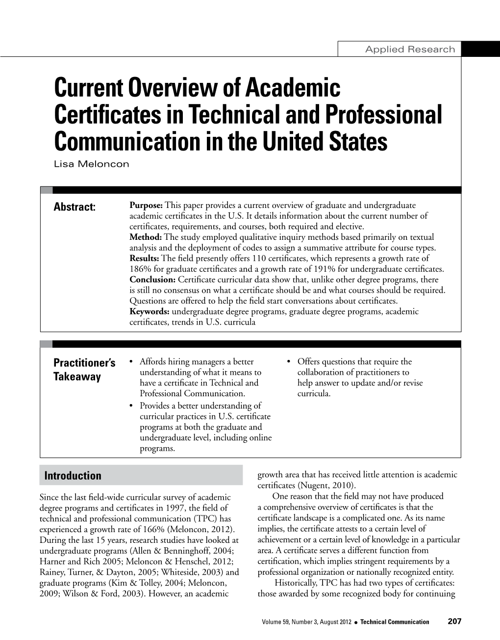Current Overview of Academic Certificates in Technical and Professional Communication in the United States Lisa Meloncon