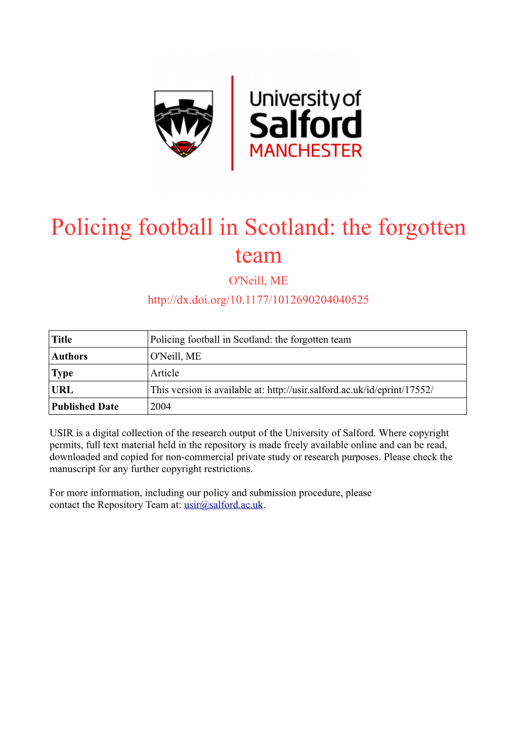 Policing Football in Scotland: the Forgotten Team O'neill, ME