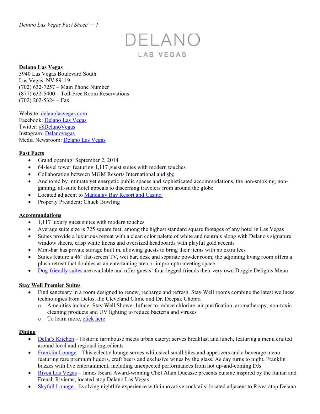 Delano Las Vegas Fact Sheet