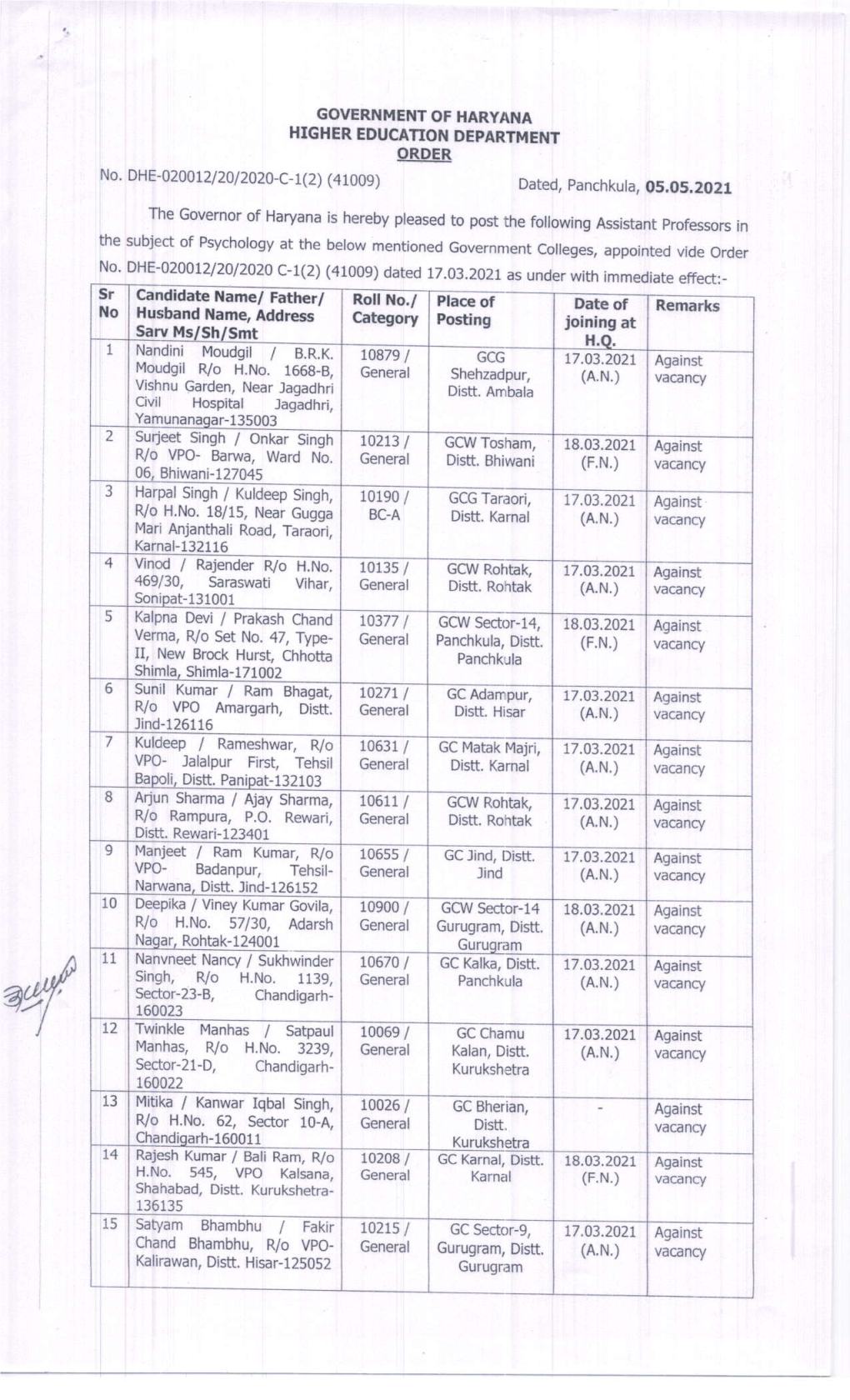 Regarding Posting of Assistant Professors of Psychology. Notice