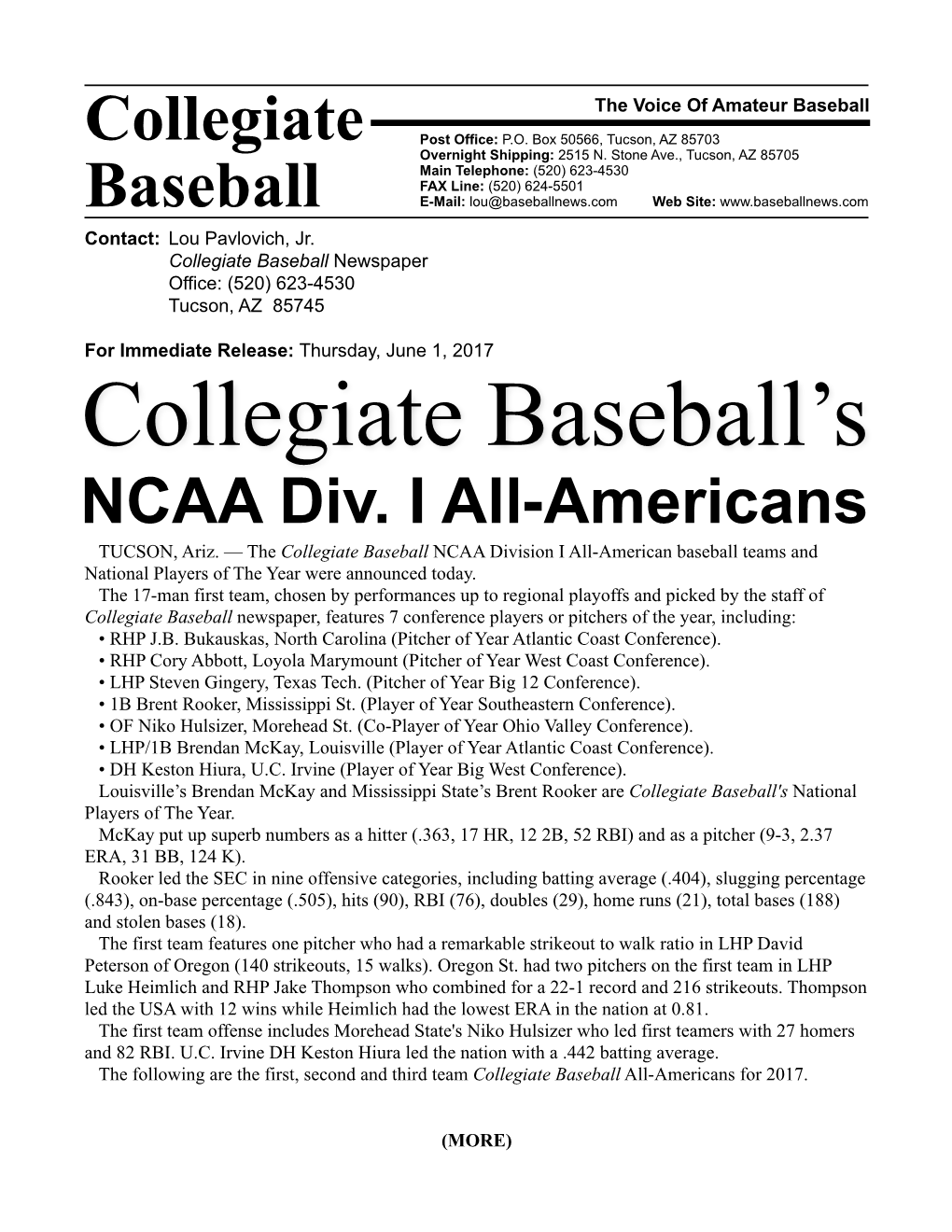 Collegiate Baseball Release