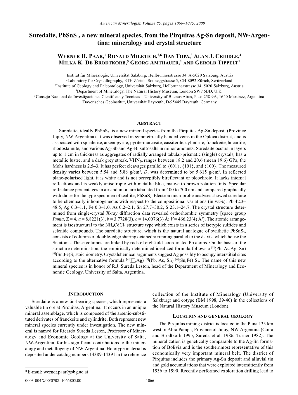 Suredaite, Pbsns3, a New Mineral Species, from the Pirquitas Ag-Sn Deposit, NW-Argen- Tina: Mineralogy and Crystal Structure