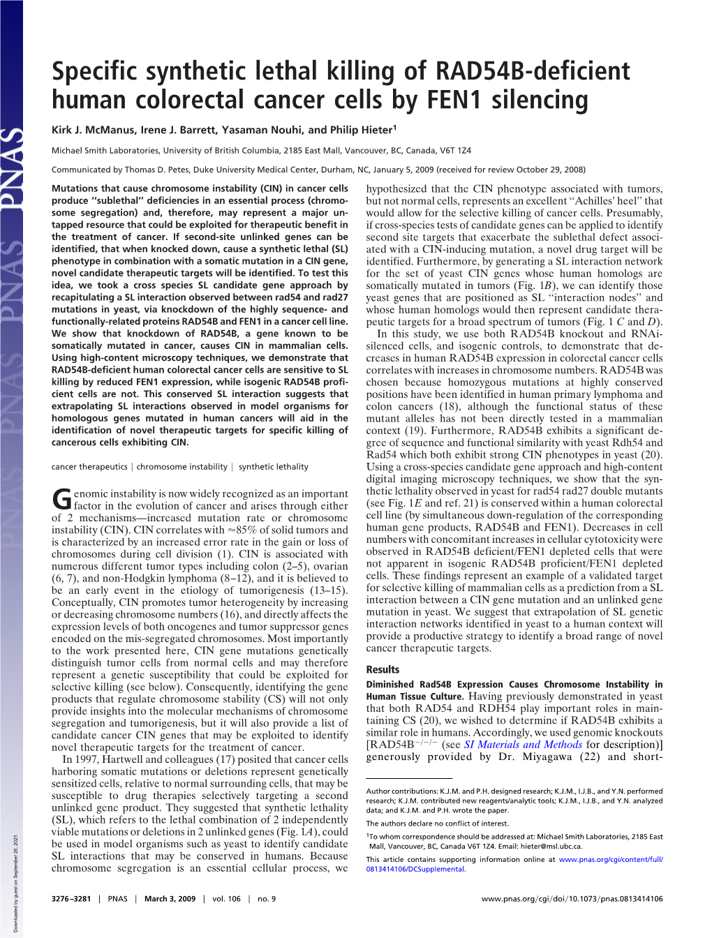 Specific Synthetic Lethal Killing of RAD54B-Deficient Human Colorectal Cancer Cells by FEN1 Silencing