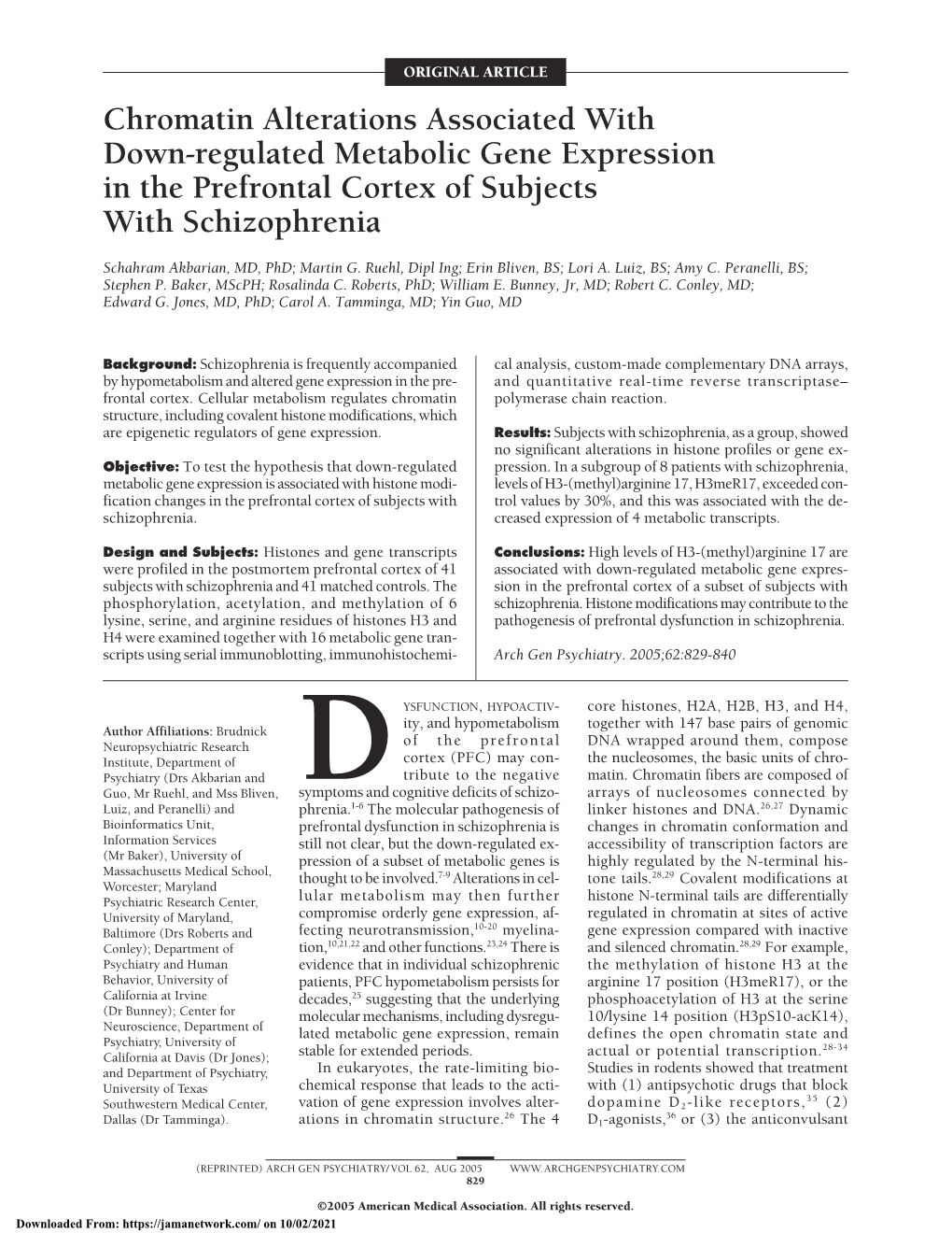 Chromatin Alterations Associated with Down-Regulated Metabolic Gene Expression in the Prefrontal Cortex of Subjects with Schizophrenia