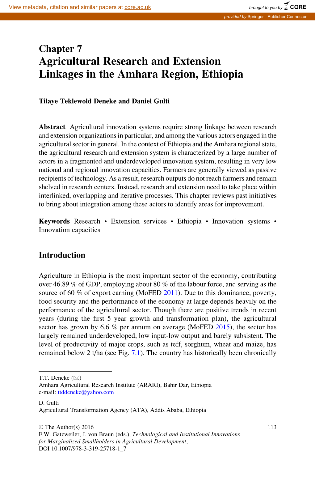 Agricultural Research and Extension Linkages in the Amhara Region, Ethiopia