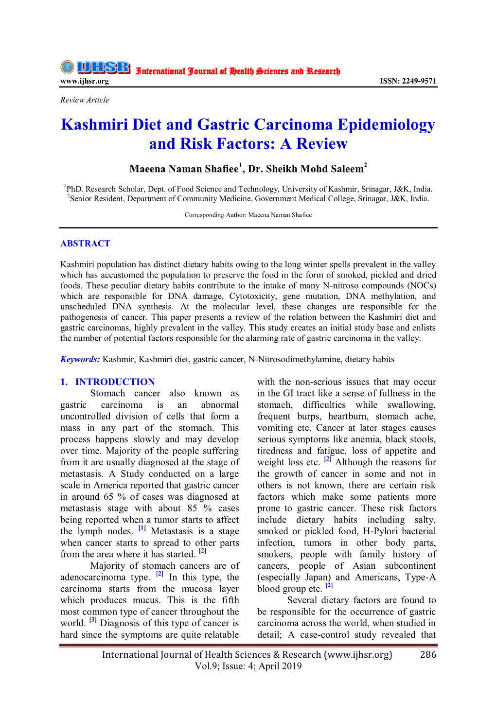 Kashmiri Diet and Gastric Carcinoma Epidemiology and Risk Factors: a Review