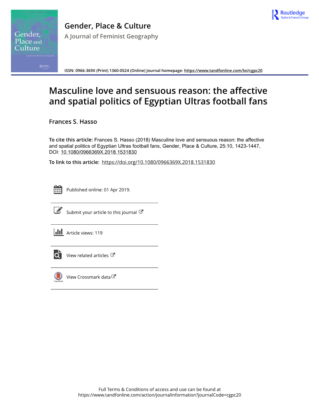 Masculine Love and Sensuous Reason: the Affective and Spatial Politics of Egyptian Ultras Football Fans