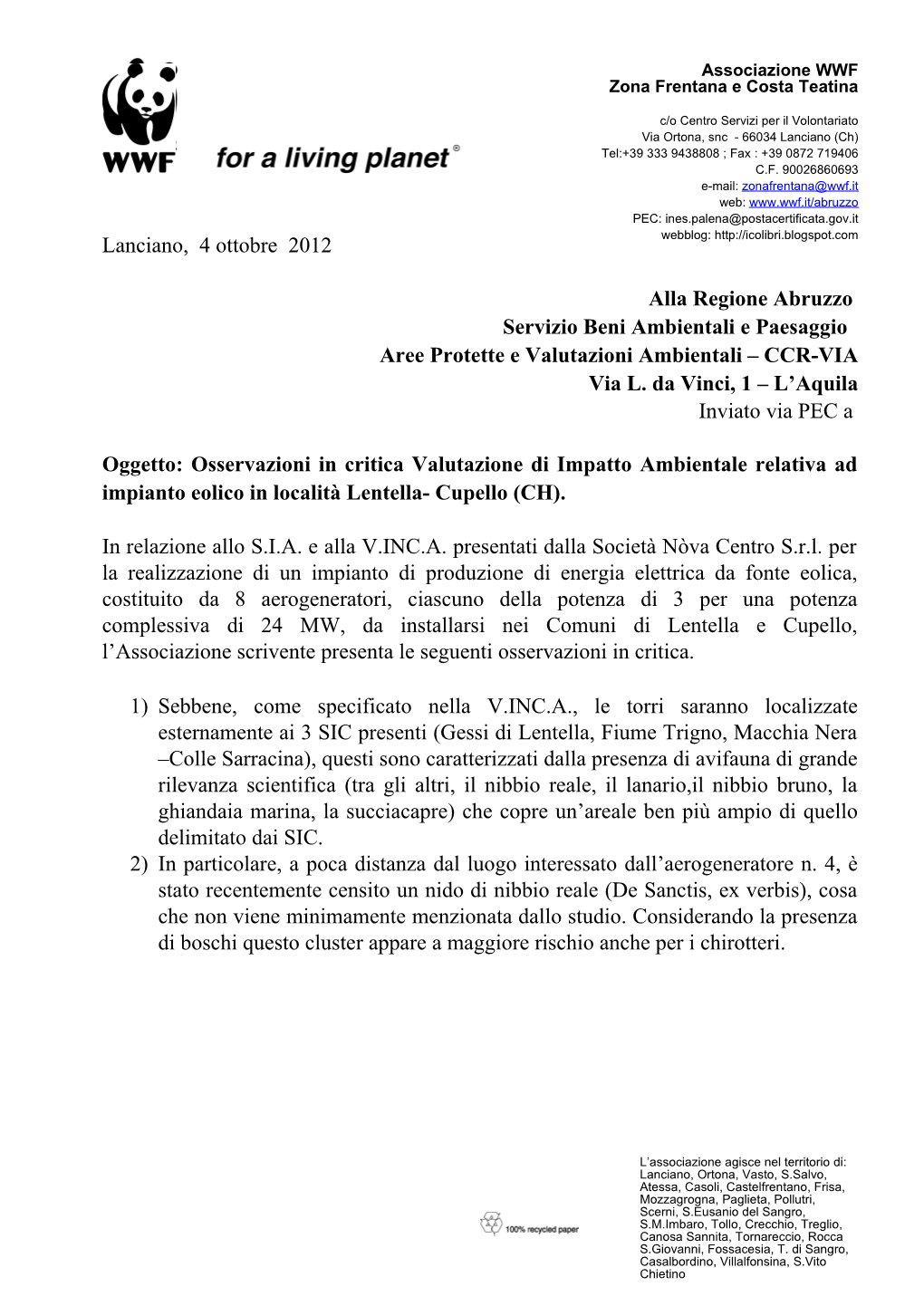 Lanciano, 4 Ottobre 2012 Alla Regione Abruzzo Servizio Beni