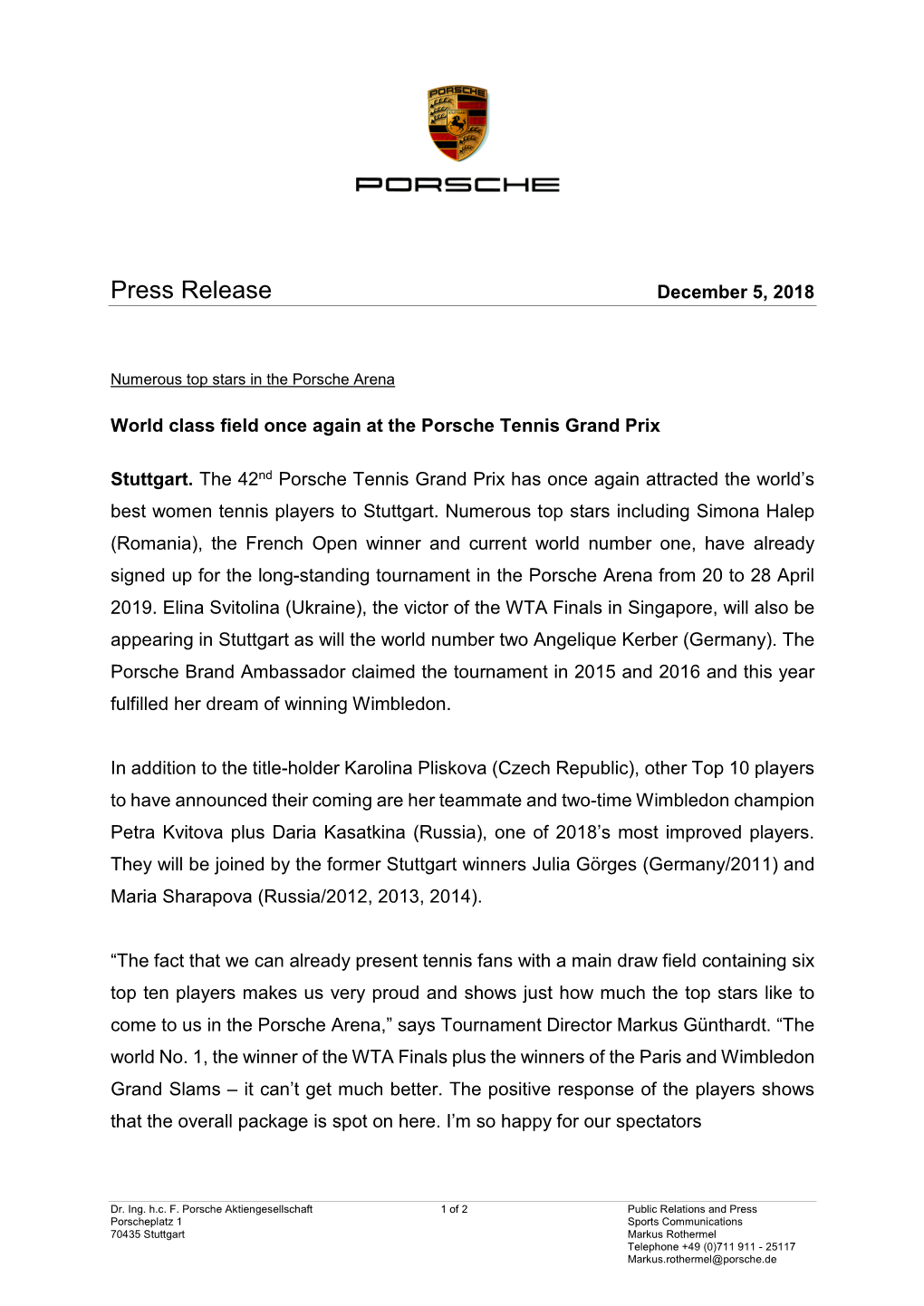 Press Release December 5, 2018