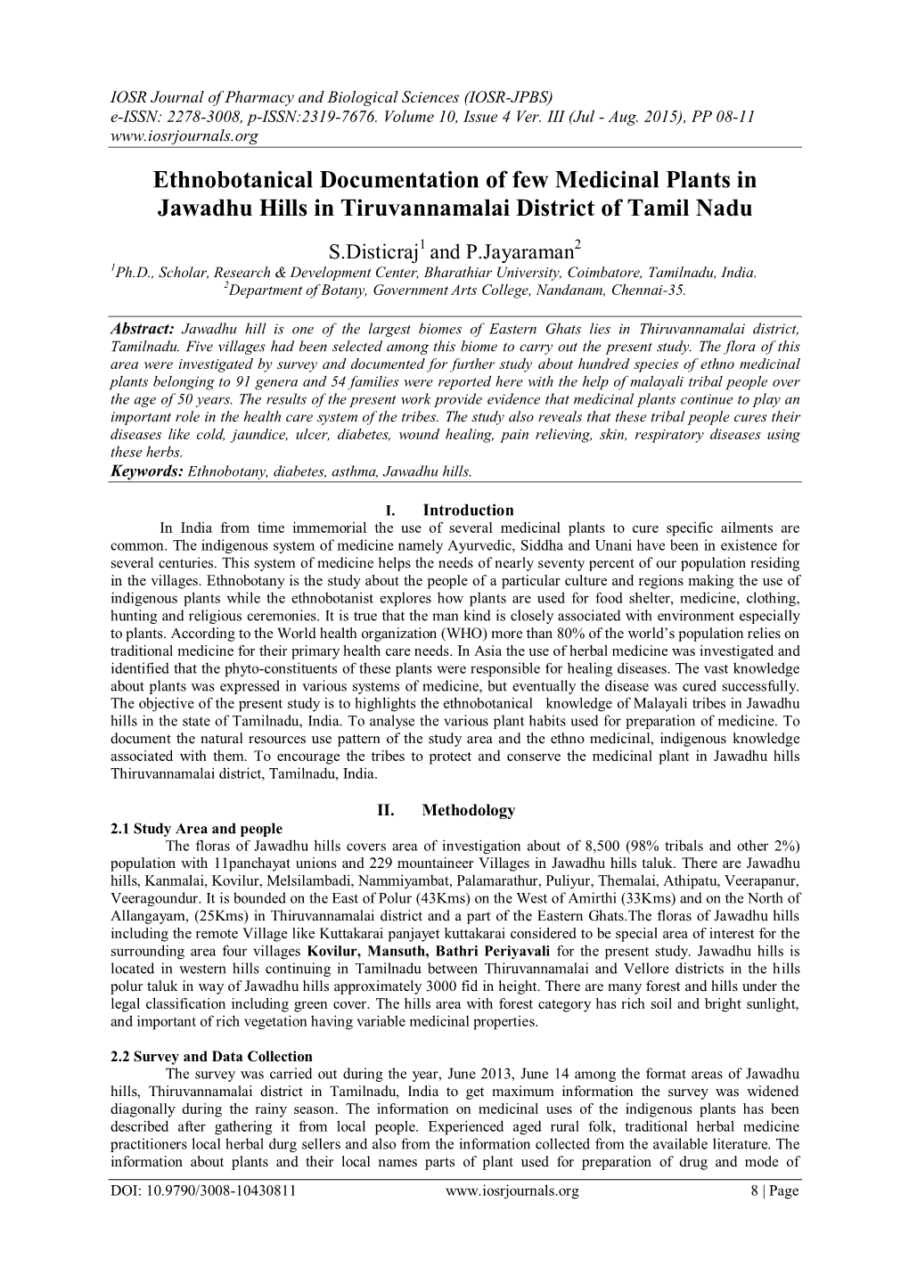 Ethnobotanical Documentation of Few Medicinal Plants in Jawadhu Hills in Tiruvannamalai District of Tamil Nadu