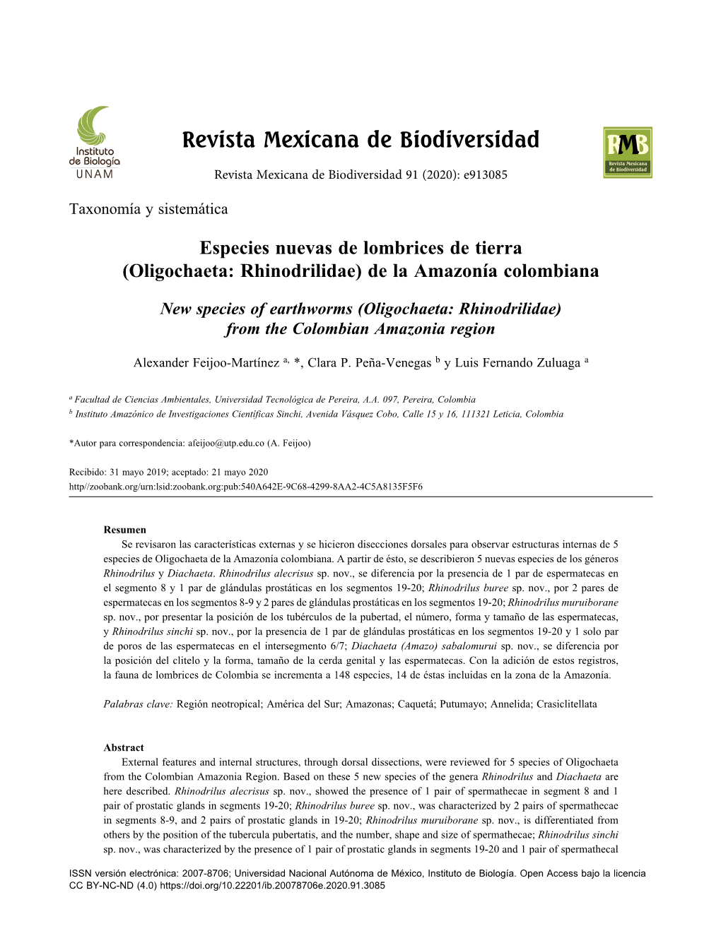 Especies Nuevas De Lombrices De Tierra (Oligochaeta: Rhinodrilidae) De La Amazonía Colombiana