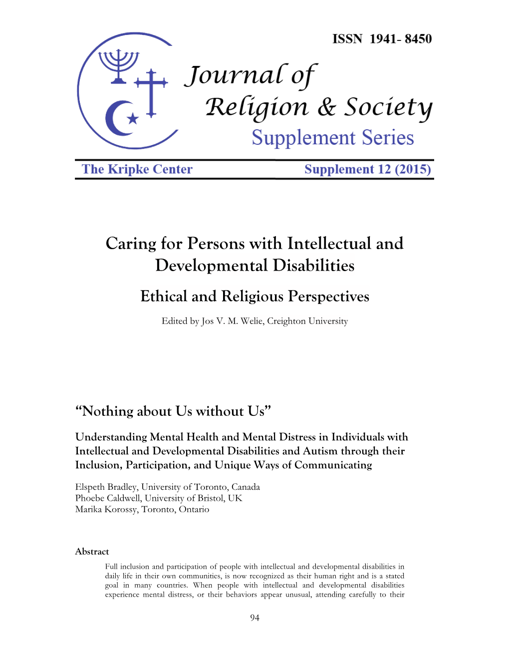 Caring for Persons with Intellectual and Developmental Disabilities Ethical and Religious Perspectives