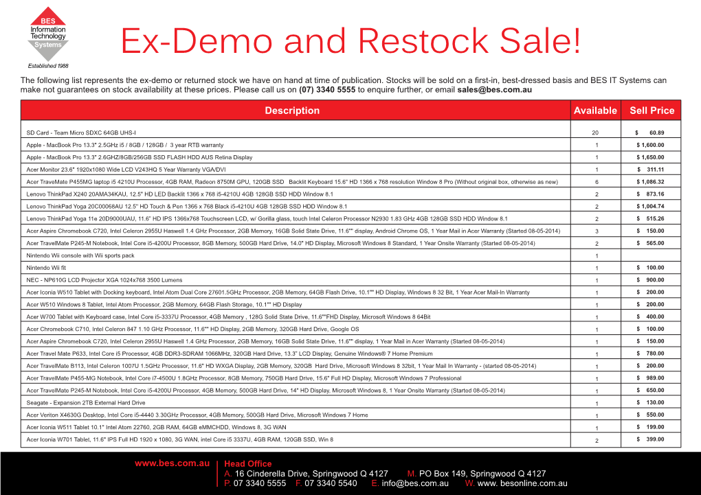 Ex-Demo and Restock Sale! the Following List Represents the Ex-Demo Or Returned Stock We Have on Hand at Time of Publication