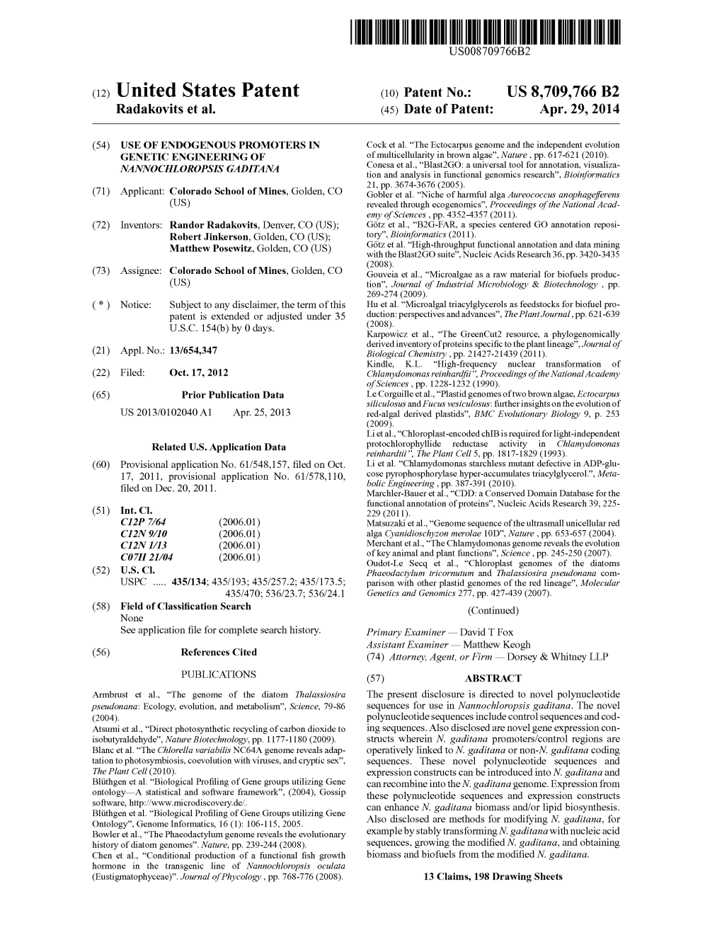 (12) United States Patent (10) Patent No.: US 8,709,766 B2 Radakovits Et Al