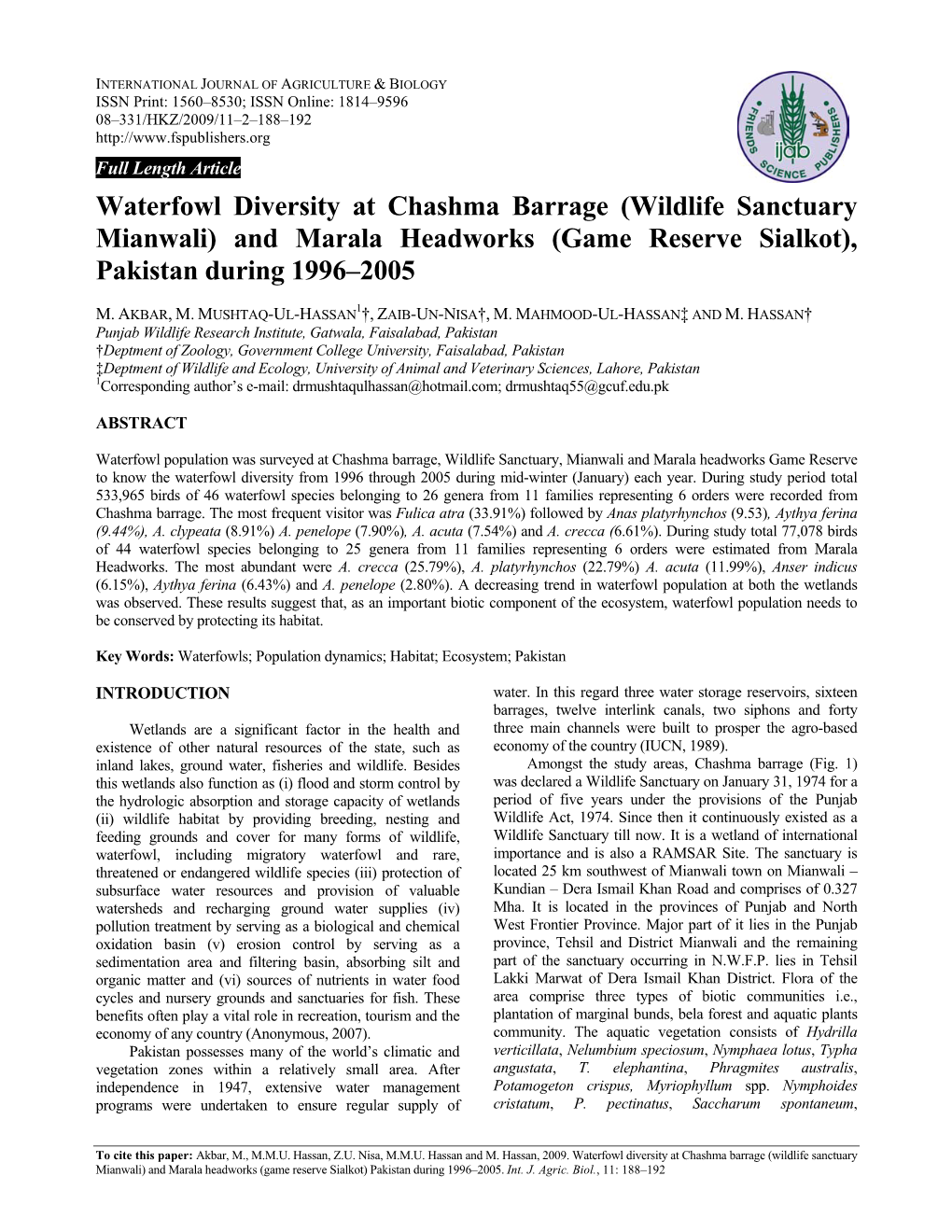 Waterfowl Diversity at Chashma Barrage (Wildlife Sanctuary Mianwali) and Marala Headworks (Game Reserve Sialkot), Pakistan During 1996–2005