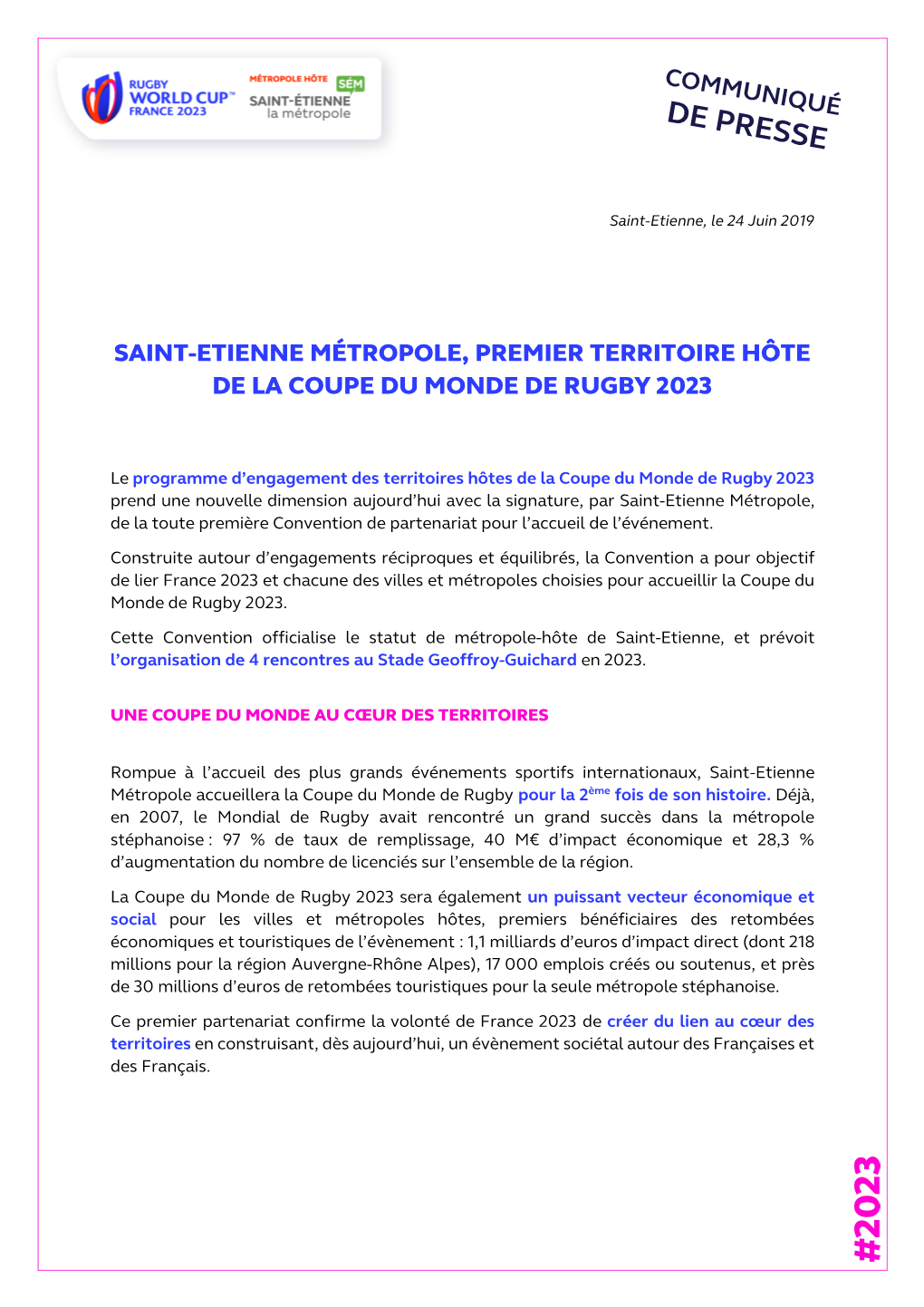 Saint-Etienne Métropole, Premier Territoire Hôte De La Coupe Du Monde De Rugby 2023