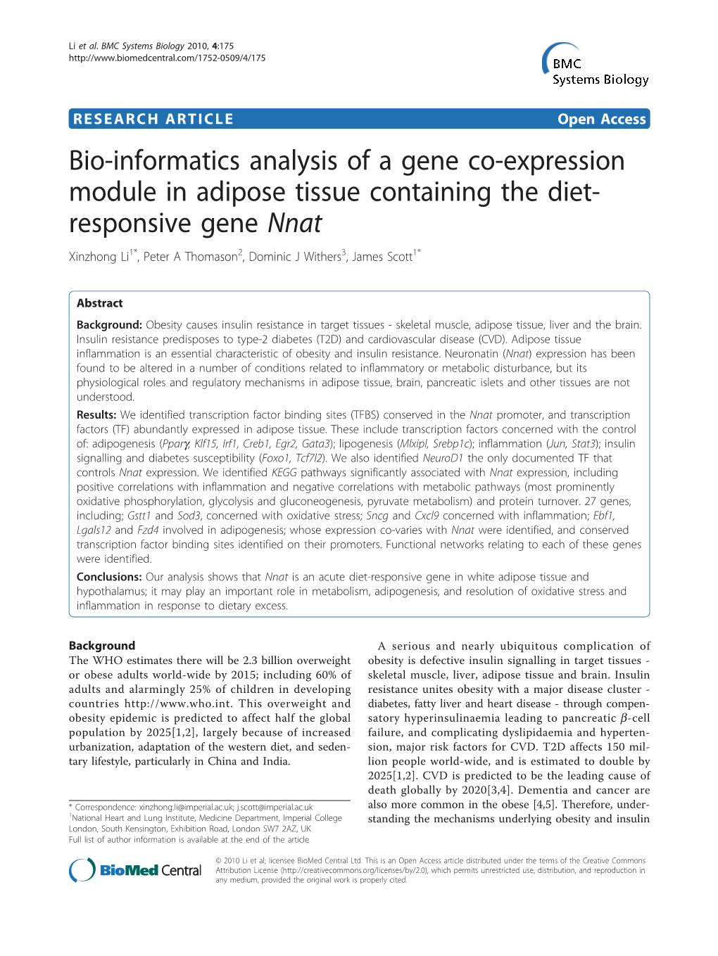 Bio-Informatics Analysis of a Gene Co-Expression Module in Adipose Tissue Containing the Diet-Responsive Gene Nnat