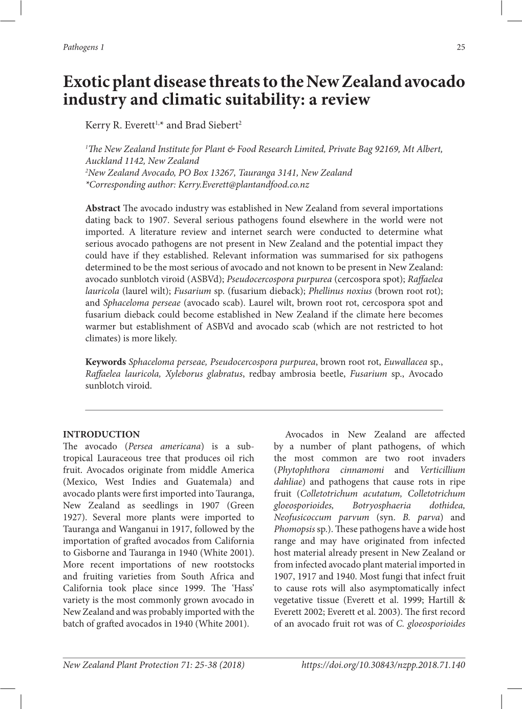 Exotic Plant Disease Threats to the New Zealand Avocado Industry and Climatic Suitability: a Review