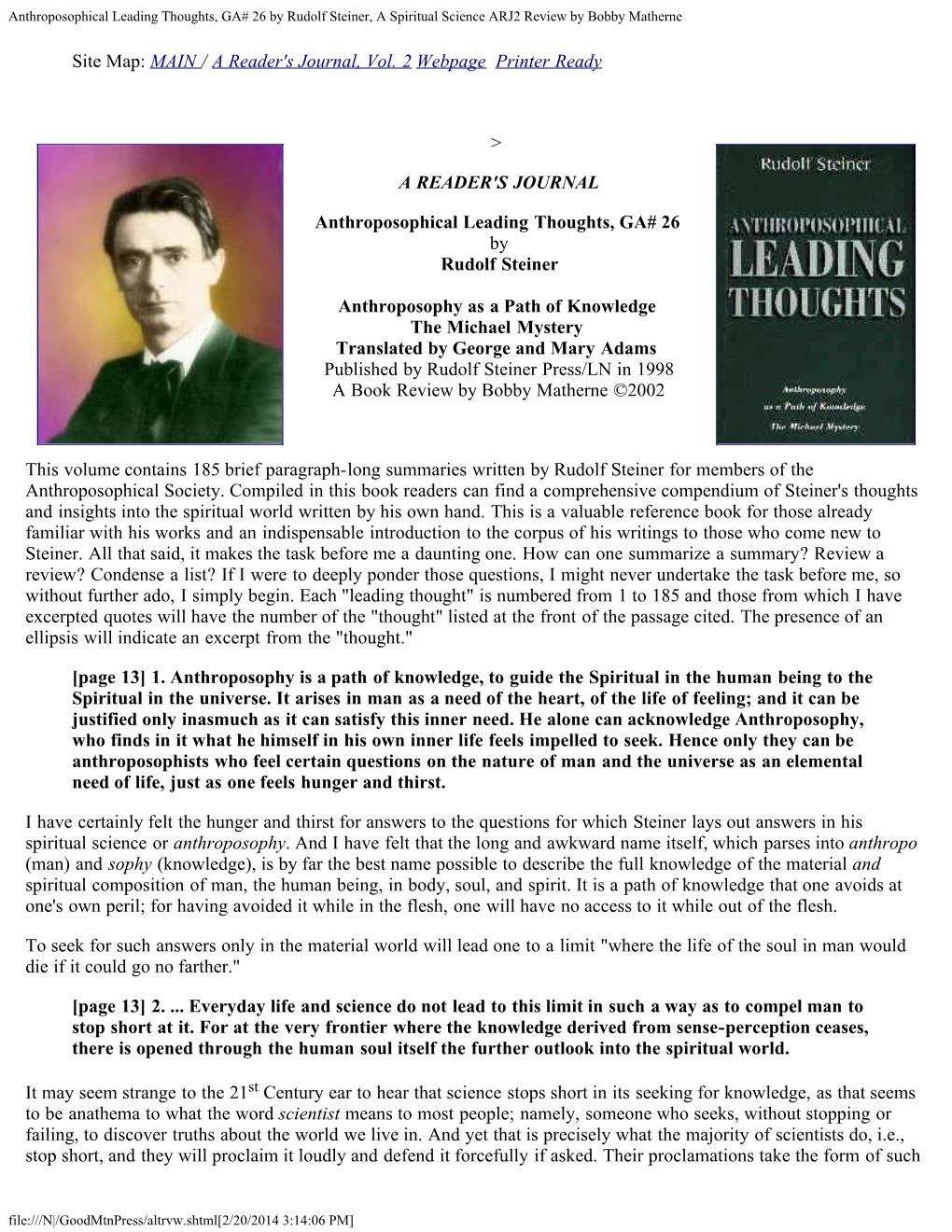 Anthroposophical Leading Thoughts, GA# 26 by Rudolf Steiner, a Spiritual Science ARJ2 Review by Bobby Matherne
