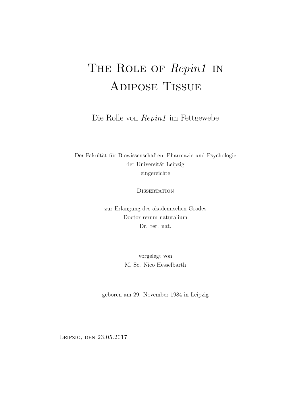The Role of Repin1 in Adipose Tissue