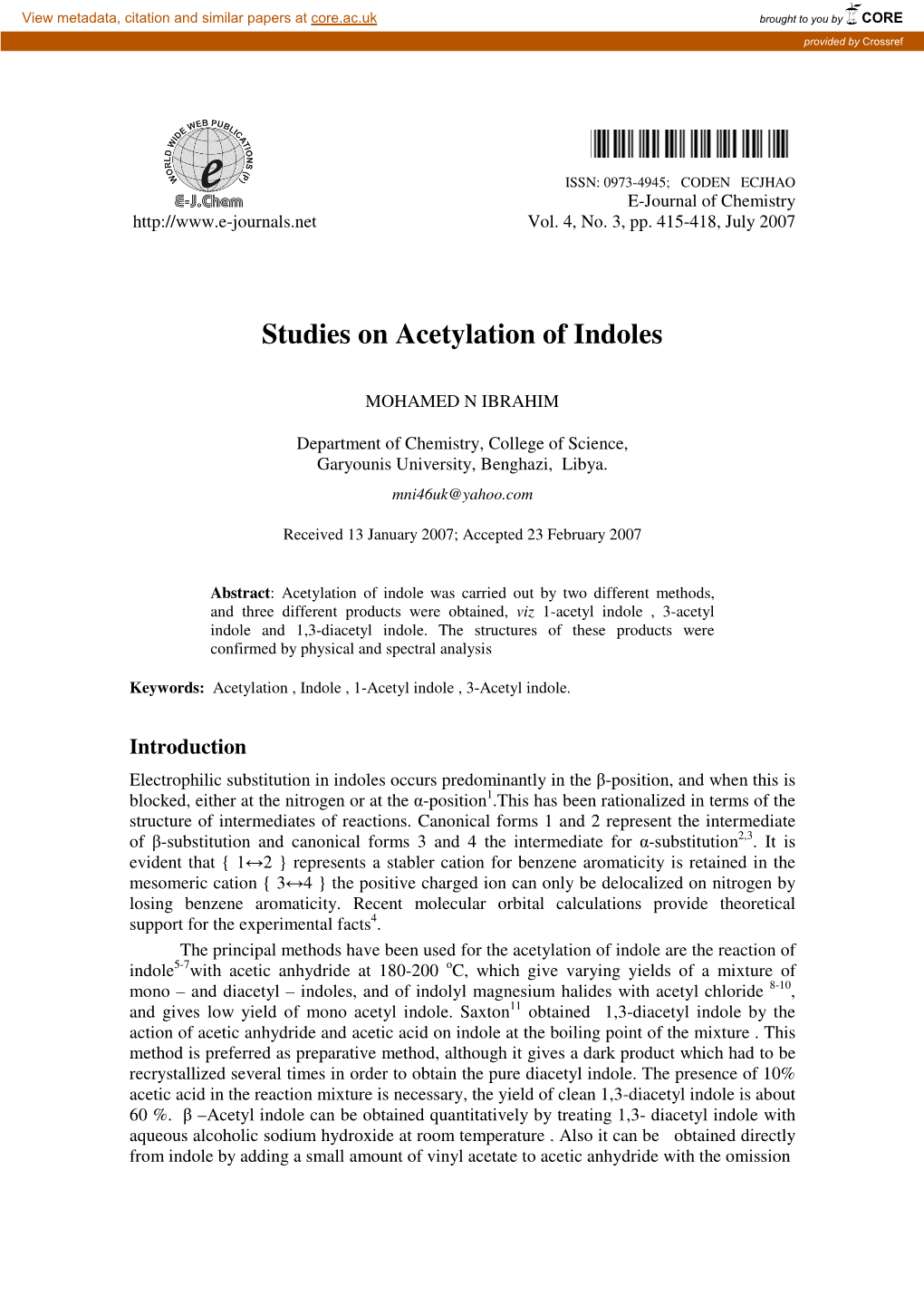 Studies on Acetylation of Indoles