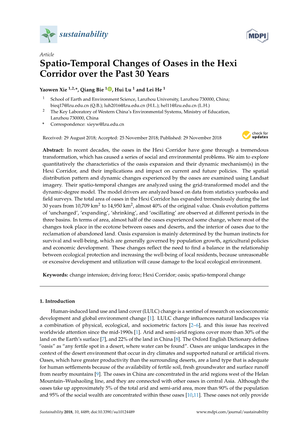 Spatio-Temporal Changes of Oases in the Hexi Corridor Over the Past 30 Years