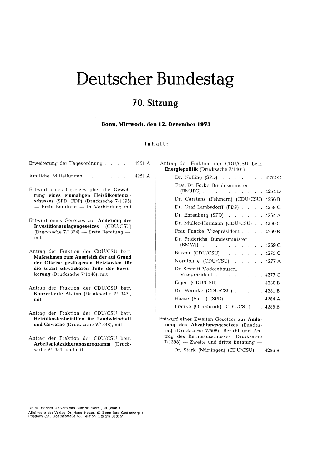 Deutscher Bundestag 70. Sitzung