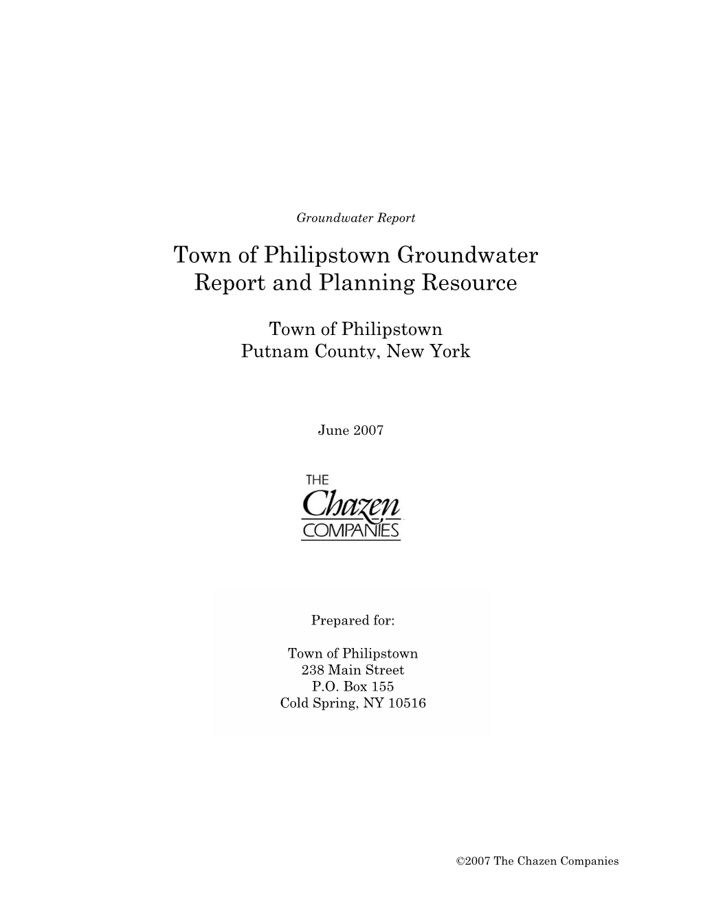 Town of Philipstown Groundwater Report and Planning Resource