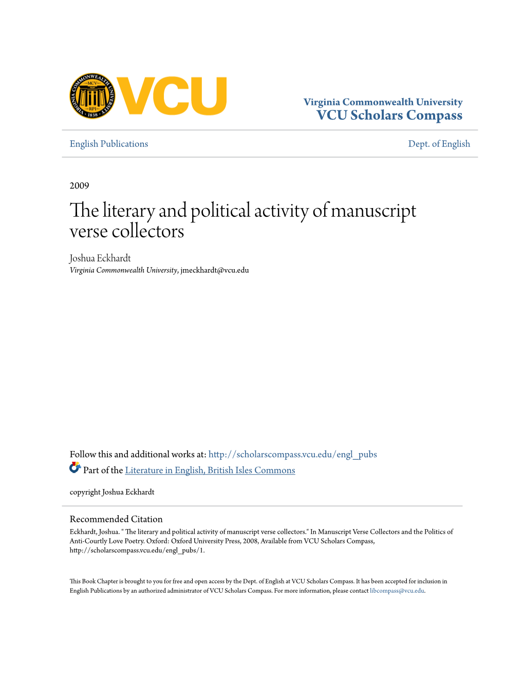 The Literary and Political Activity of Manuscript Verse Collectors Joshua Eckhardt Virginia Commonwealth University, Jmeckhardt@Vcu.Edu