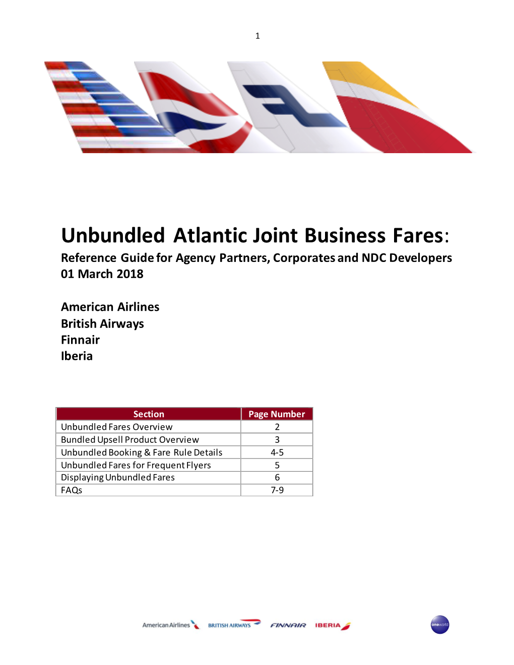 Unbundled Atlantic Joint Business Fares: Reference Guide for Agency Partners, Corporates and NDC Developers 01 March 2018