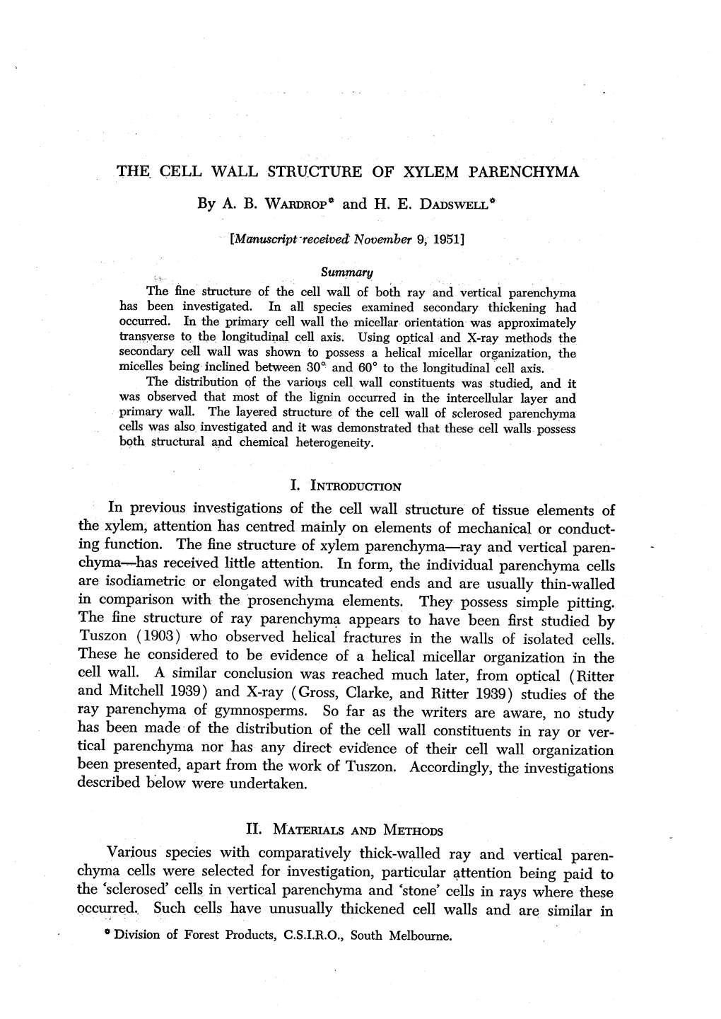 THE. CELL WALL STRUCTURE of XYLEM PARENCHYMA by A. B