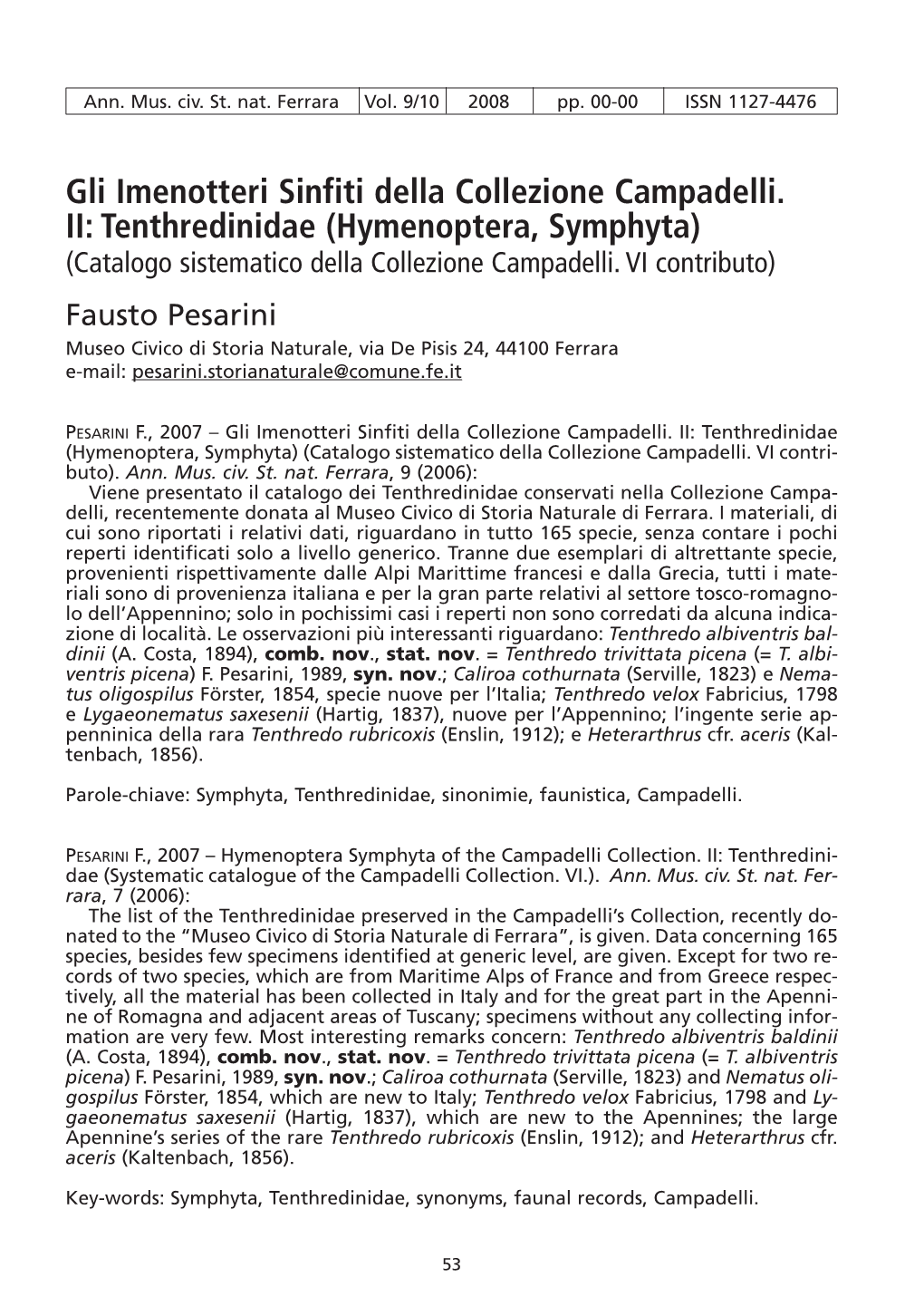 Tenthredinidae (Hymenoptera, Symphyta) (Catalogo Sistematico Della Collezione Campadelli