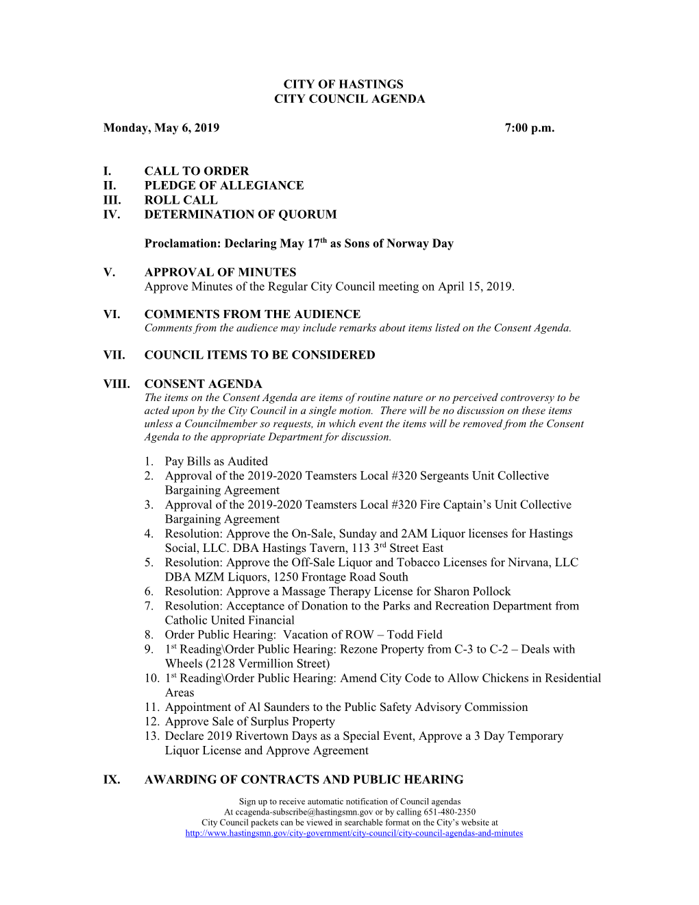 CITY of HASTINGS CITY COUNCIL AGENDA Monday, May 6, 2019 7