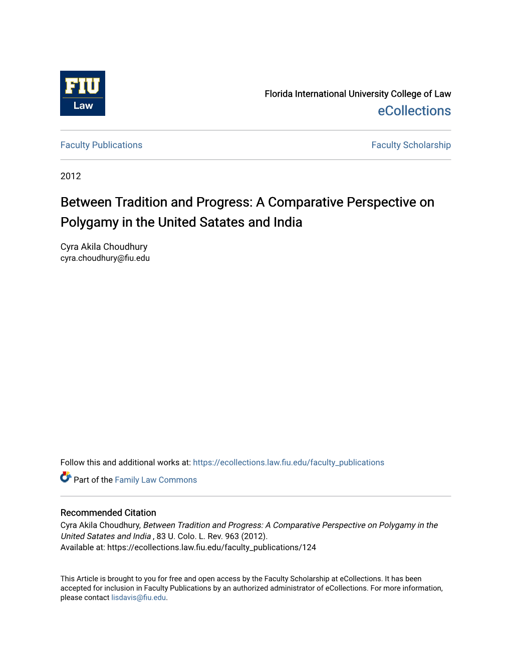 A Comparative Perspective on Polygamy in the United Satates and India