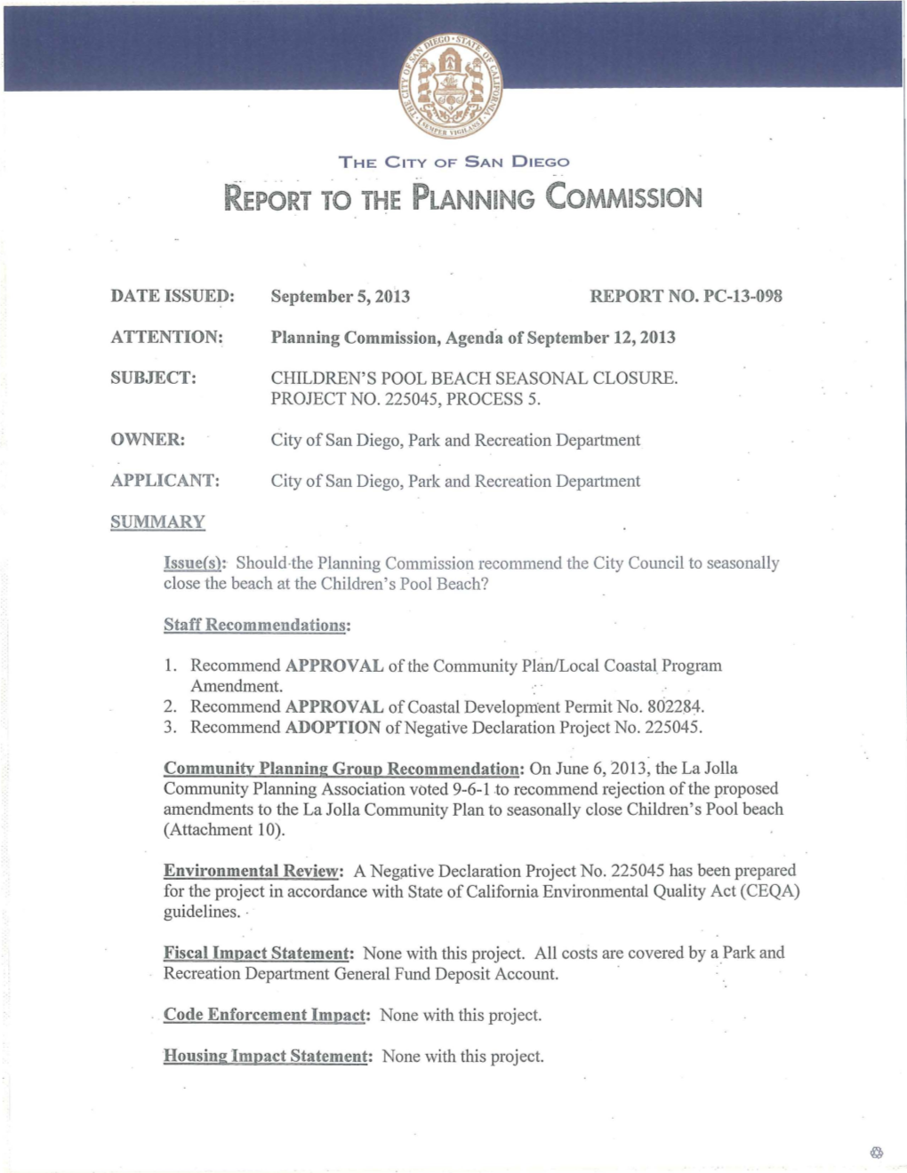 Report To· the Planning Commission