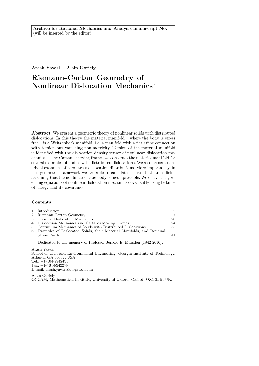 Riemann-Cartan Geometry of Nonlinear Dislocation Mechanics⋆