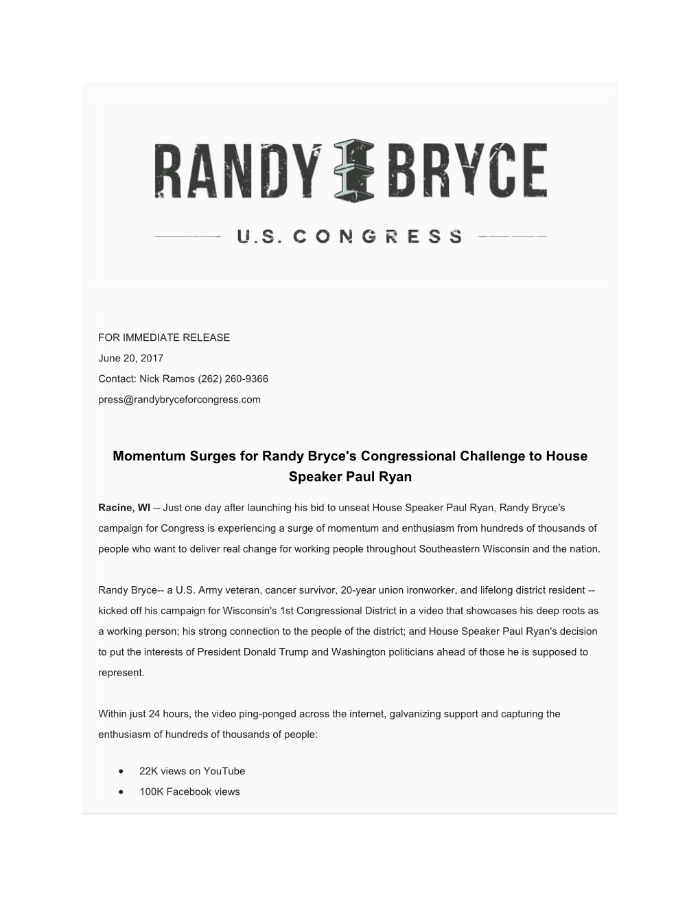 Momentum Surges for Randy Bryce's Congressional Challenge to House Speaker Paul Ryan