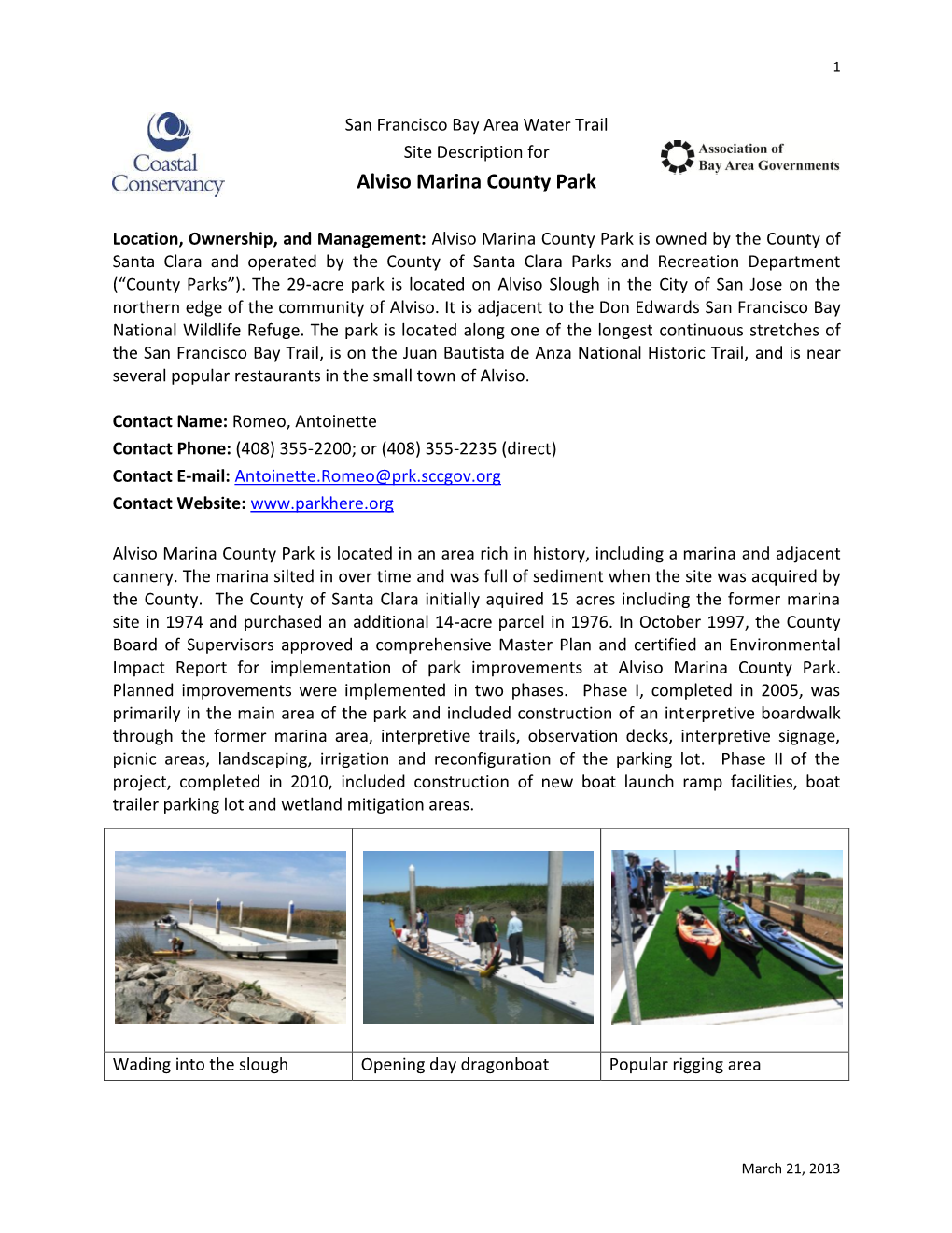 Site Description for Alviso Marina County Park