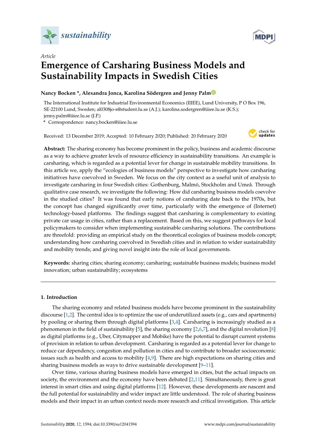 Emergence of Carsharing Business Models and Sustainability Impacts in Swedish Cities