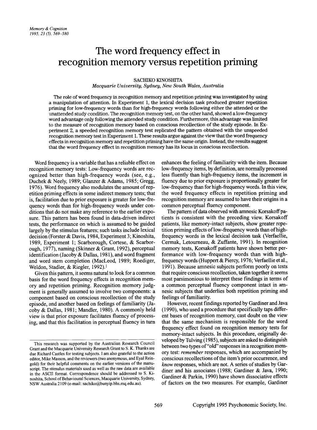 The Word Frequency Effect in Recognition Memory Versus Repetition Priming