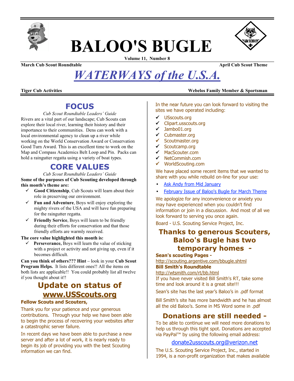 BALOO's BUGLE Volume 11, Number 8 March Cub Scout Roundtable April Cub Scout Theme WATERWAYS of the U.S.A