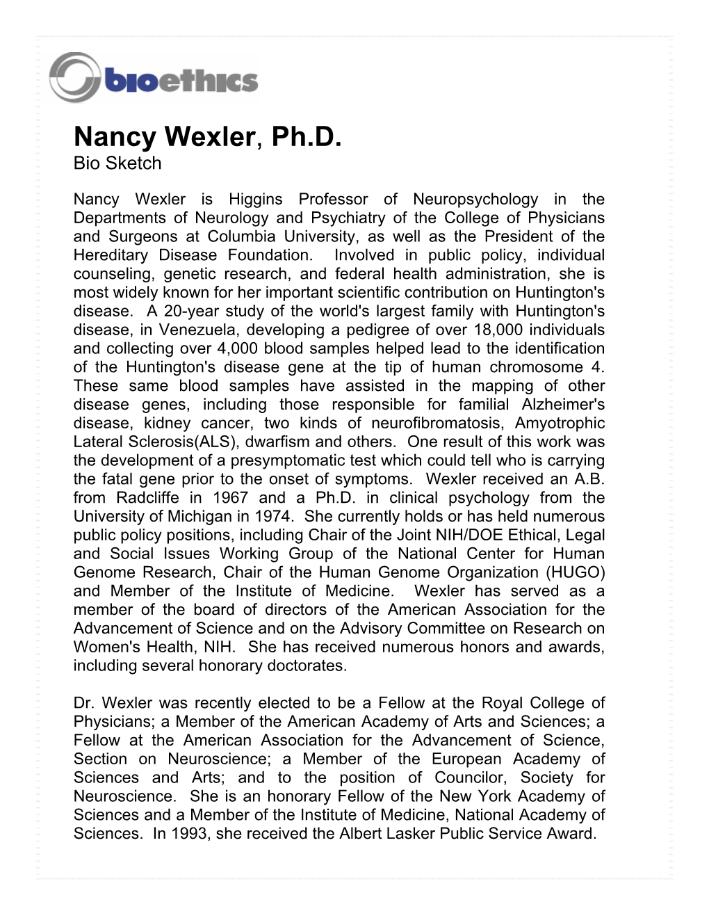 Nancy Wexler, Ph.D