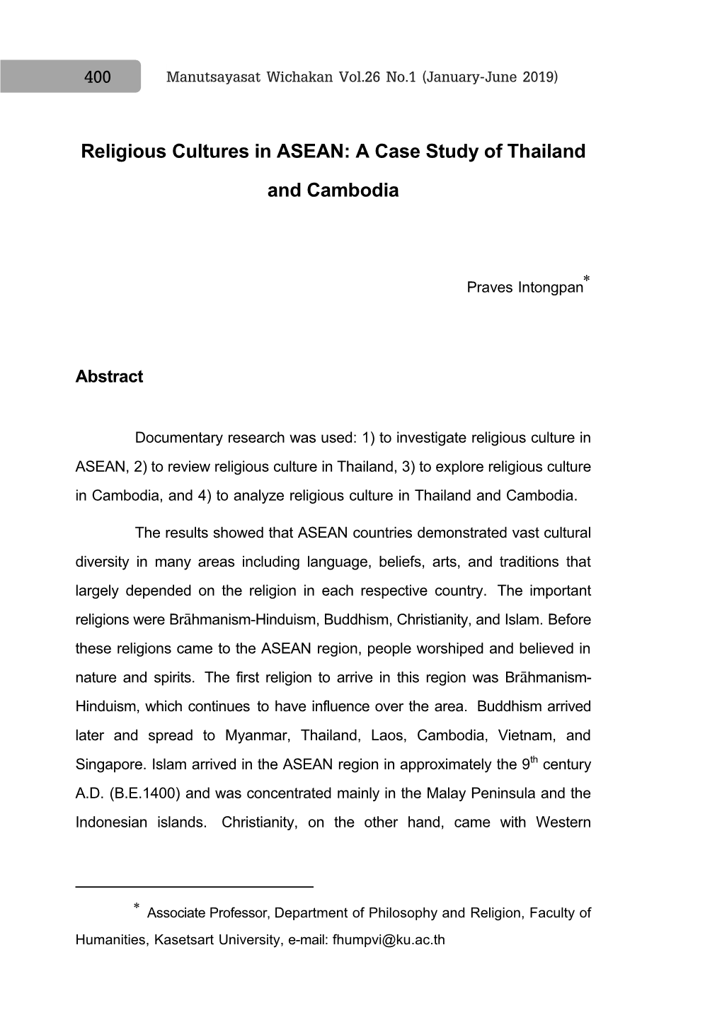 Religious Cultures in ASEAN: a Case Study of Thailand and Cambodia