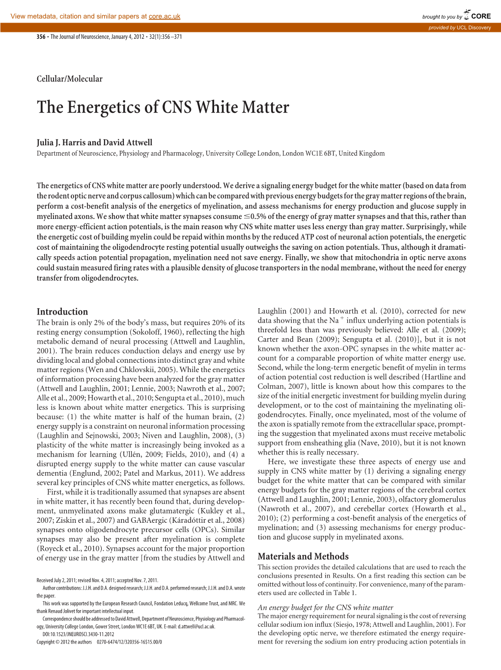 The Energetics of CNS White Matter