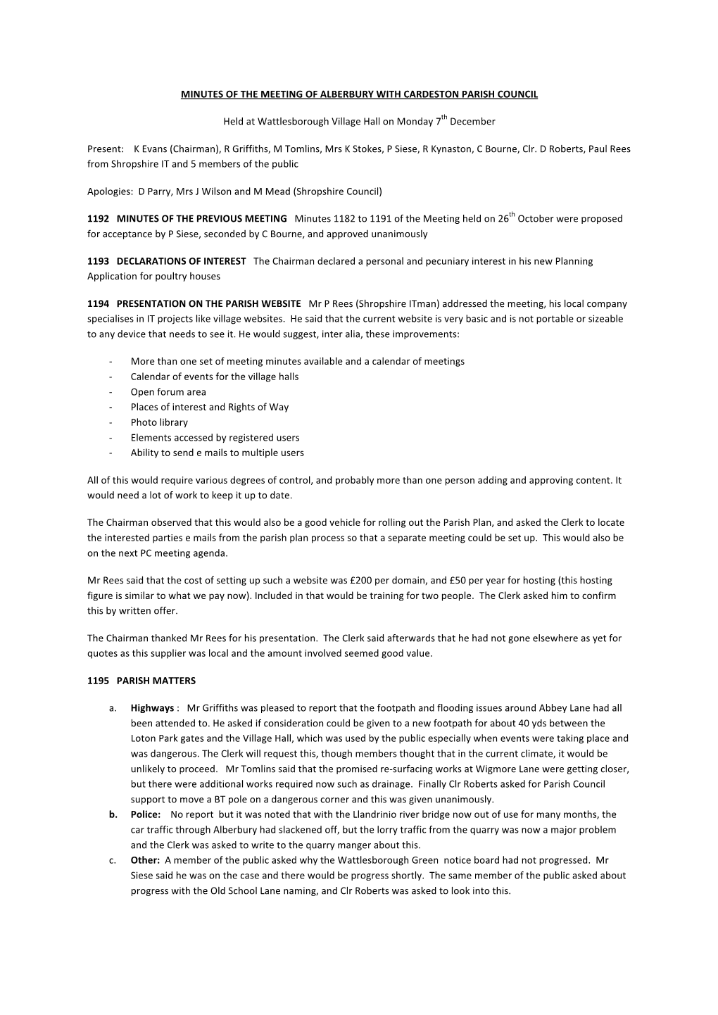 Minutes of the Meeting of Alberbury with Cardeston Parish Council