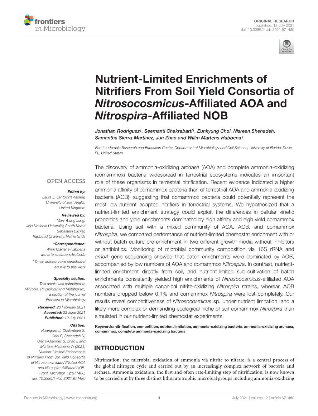 Nutrient-Limited Enrichments of Nitrifiers from Soil Yield Consortia of Nitrosocosmicus-Affiliated AOA and Nitrospira-Affiliated