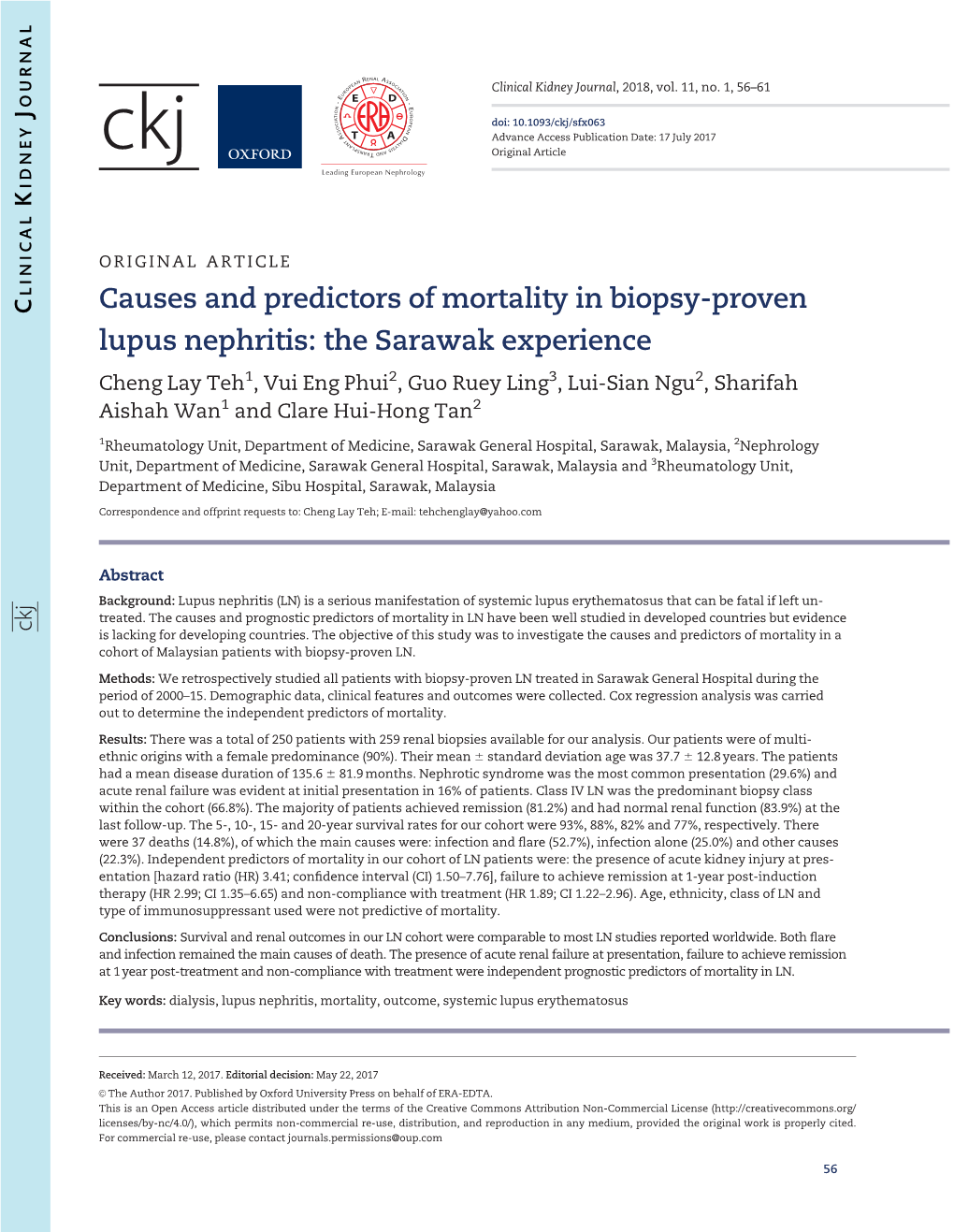 Causes and Predictors of Mortality in Biopsy-Proven Lupus Nephritis