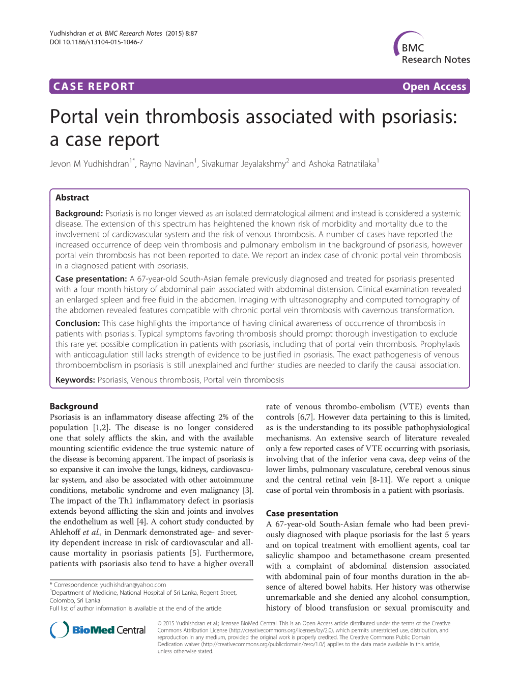 Portal Vein Thrombosis Associated with Psoriasis: a Case Report